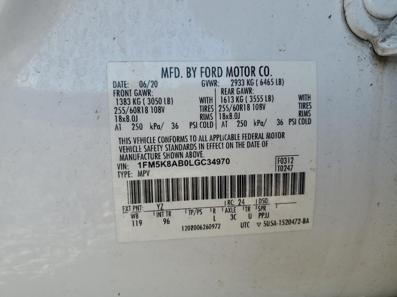 2020 Ford Explorer Police Interceptor VIN: 1FM5K8AB0LGC34970 Lot: 65125905