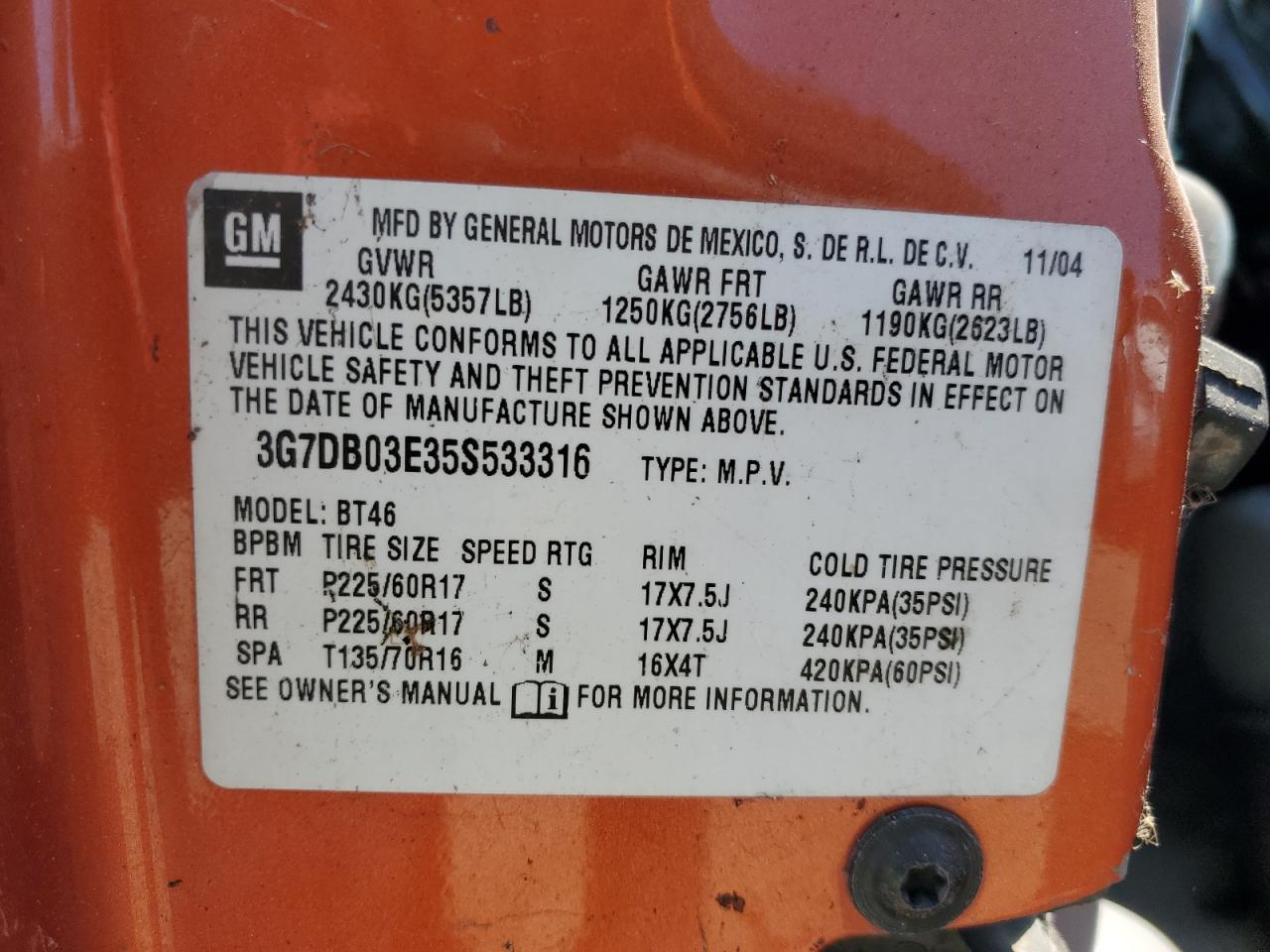 2007 Pontiac Aztek VIN: 3673B03E25S533316 Lot: 64427045