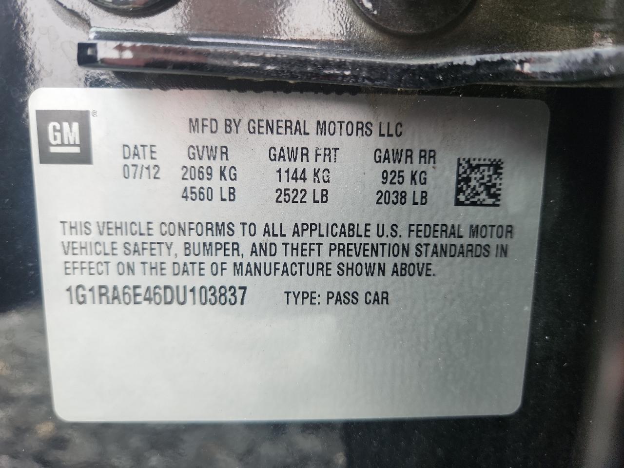 2013 Chevrolet Volt VIN: 1G1RA6E46DU103837 Lot: 64525805