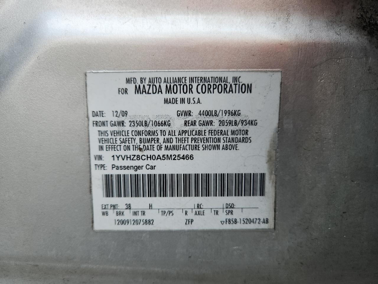 2010 Mazda 6 I VIN: 1YVHZ8CH0A5M25466 Lot: 64804135