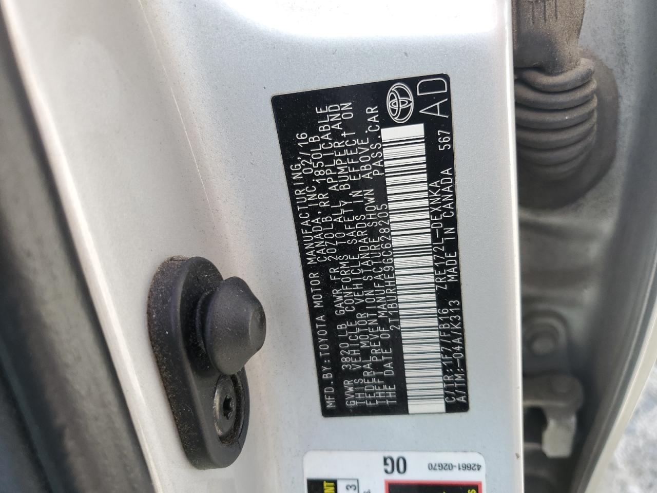 2016 Toyota Corolla L VIN: 2T1BURHE9GC628205 Lot: 64681795