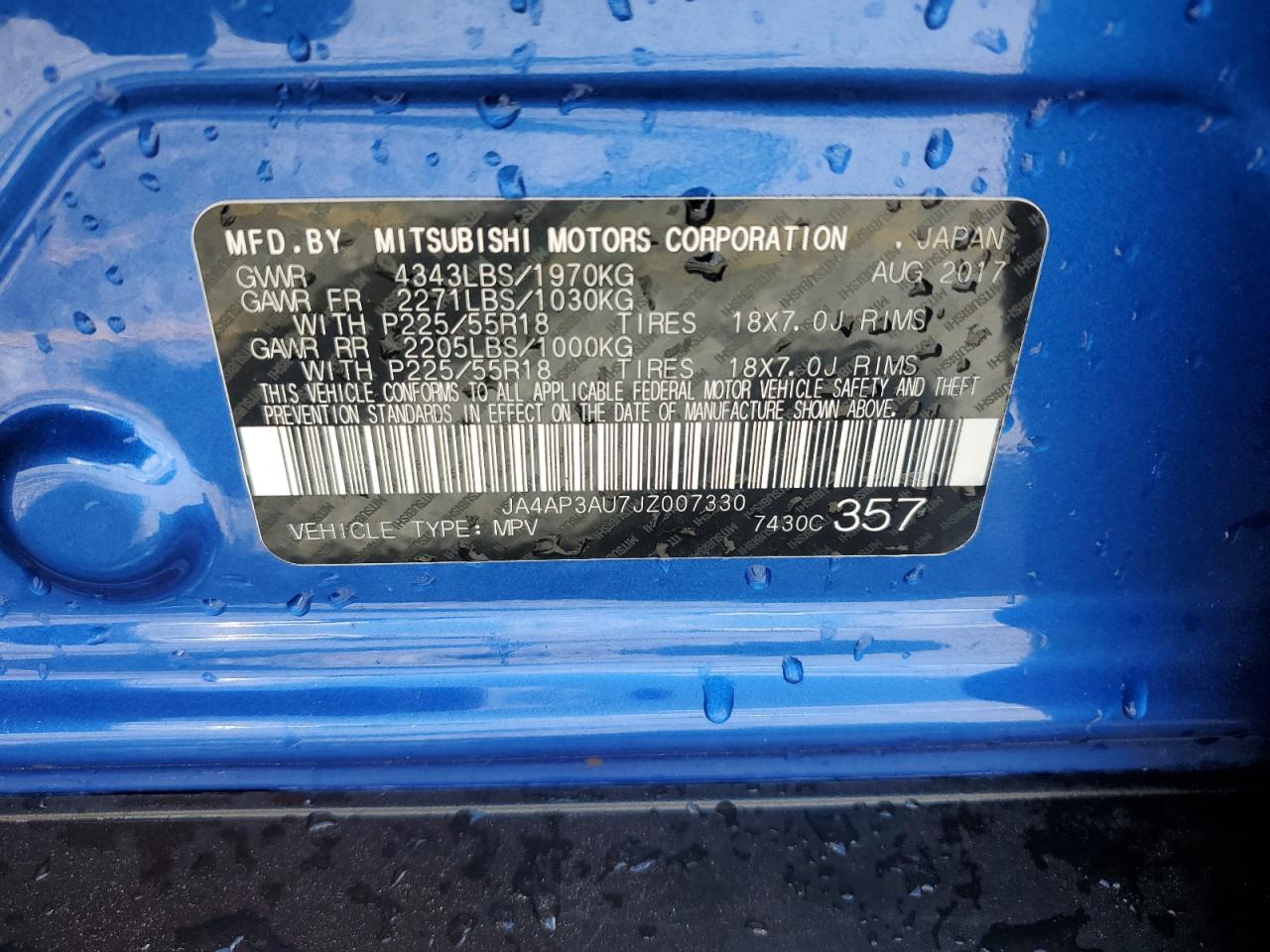 2018 Mitsubishi Outlander Sport Es VIN: JA4AP3AU7JZ007330 Lot: 64368615