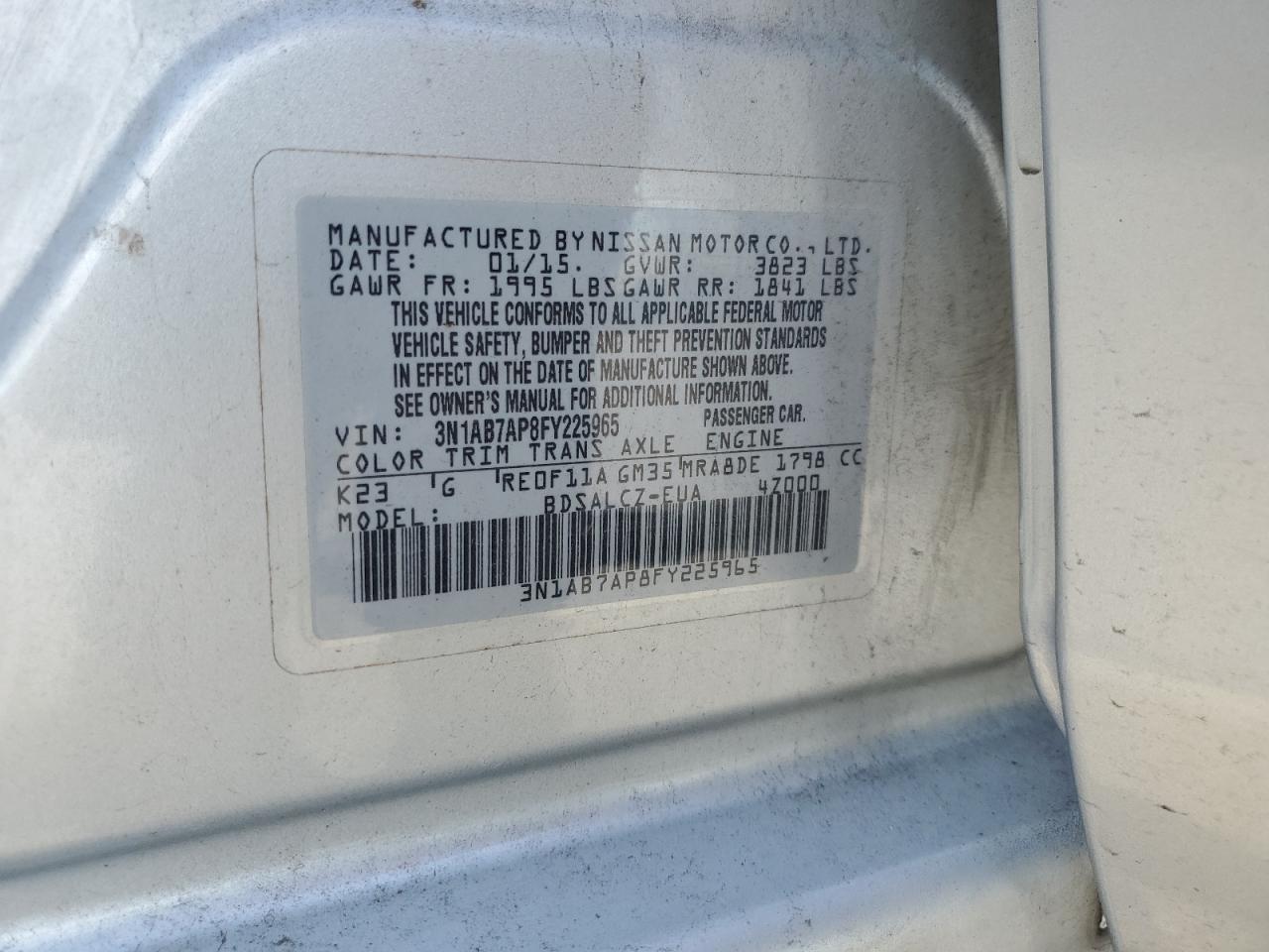 2015 Nissan Sentra S VIN: 3N1AB7AP8FY225965 Lot: 63003085