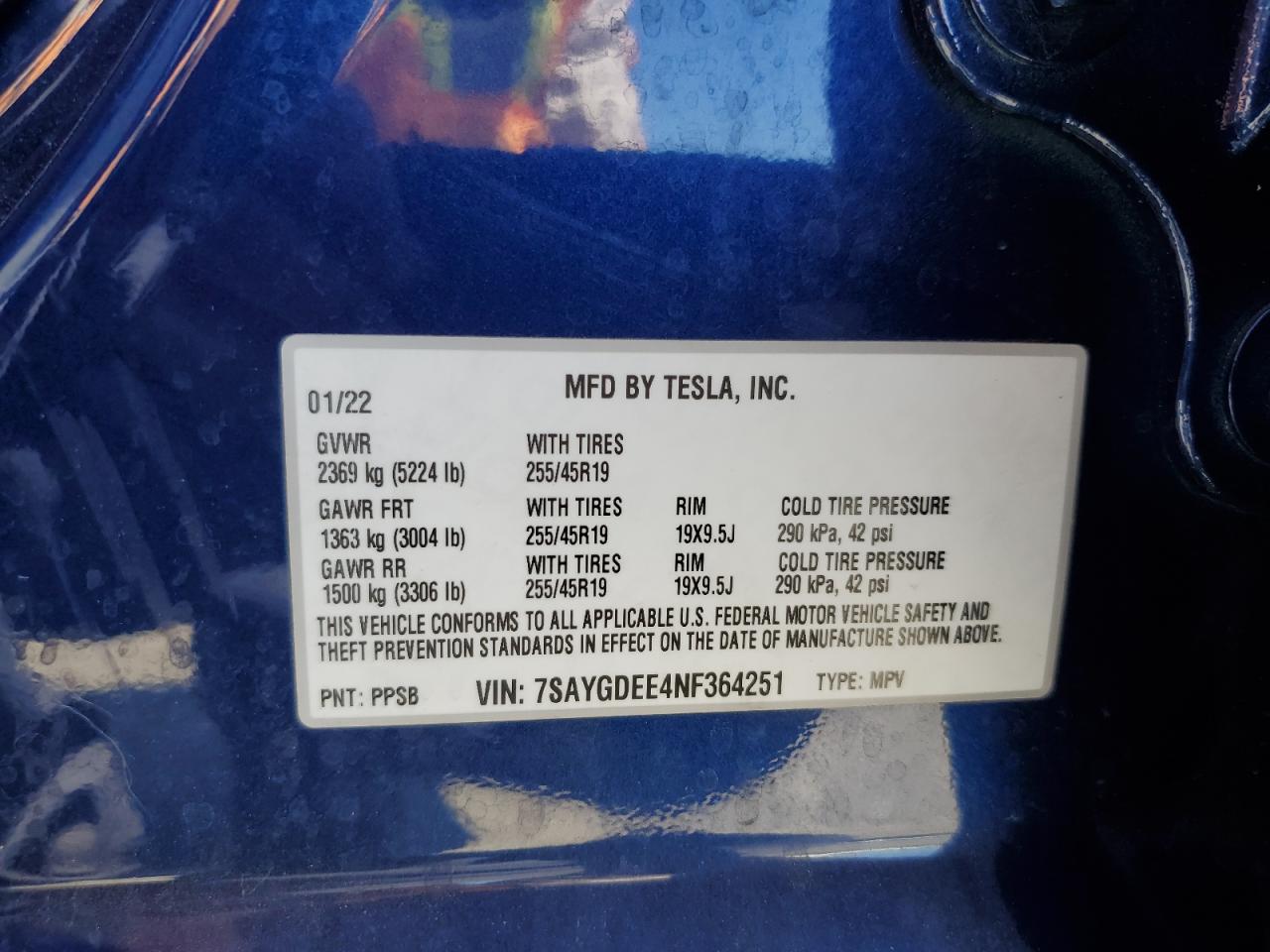 2022 Tesla Model Y VIN: 7SAYGDEE4NF364251 Lot: 64328085
