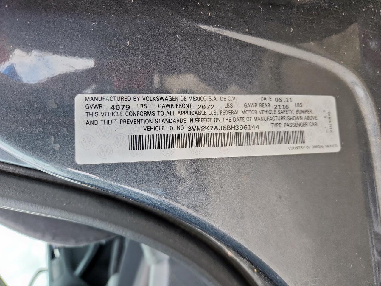 2011 Volkswagen Jetta Base VIN: 3VW2K7AJ6BM396144 Lot: 62557545