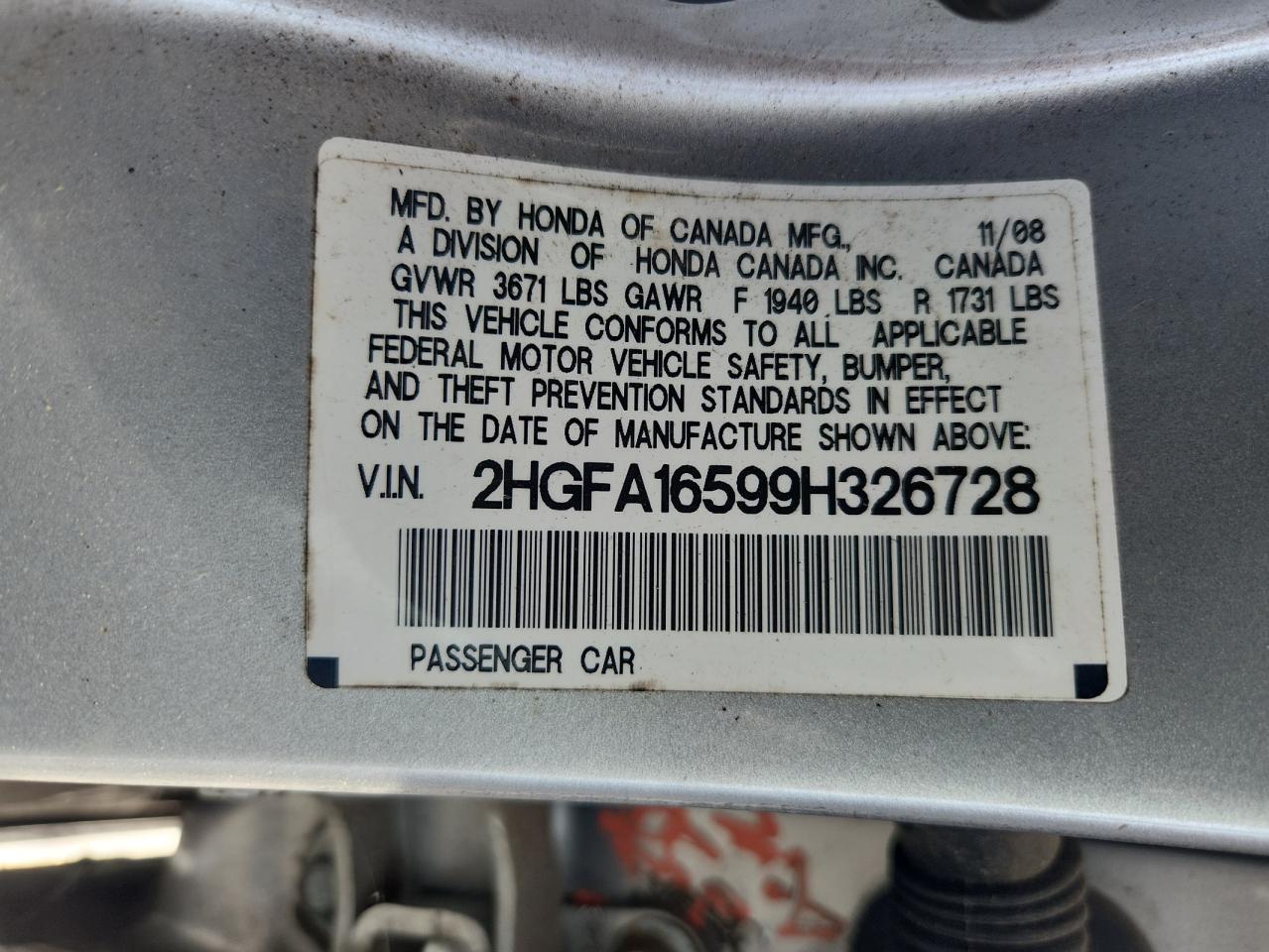 2009 Honda Civic Lx VIN: 2HGFA16599H326728 Lot: 64486755