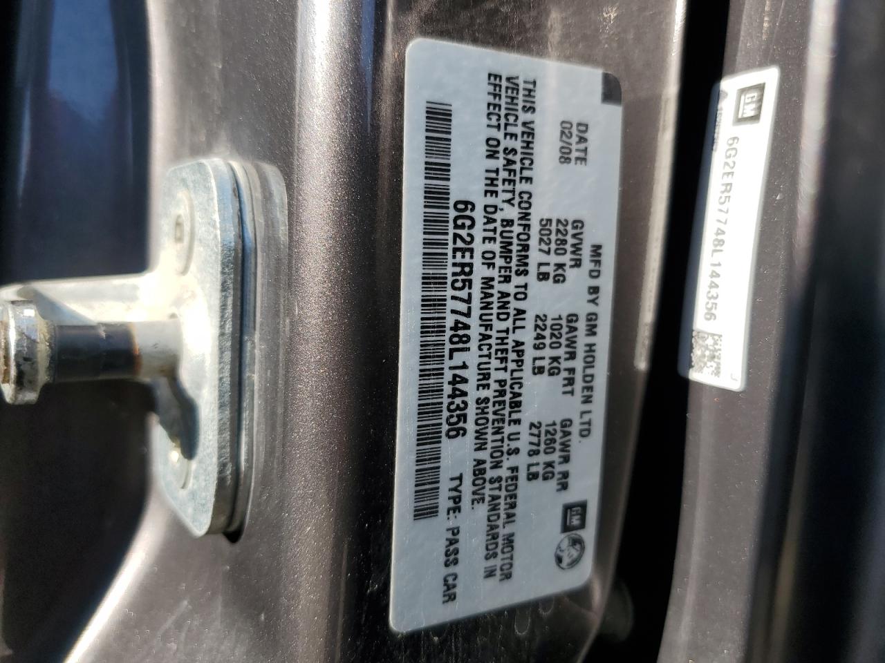 2008 Pontiac G8 VIN: 6G2ER57748L144356 Lot: 63297845