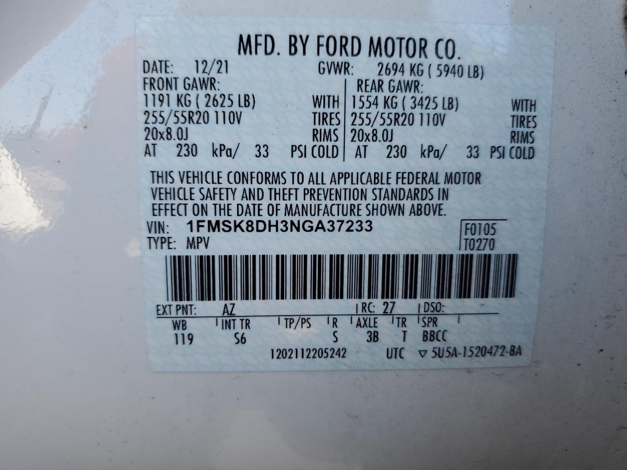 2022 Ford Explorer Xlt VIN: 1FMSK8DH3NGA37233 Lot: 66345945