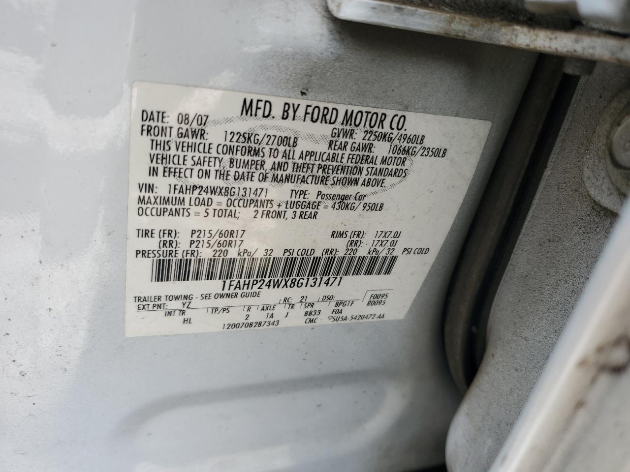 2008 Ford Taurus Sel VIN: 1FAHP24WX8G131471 Lot: 64224715