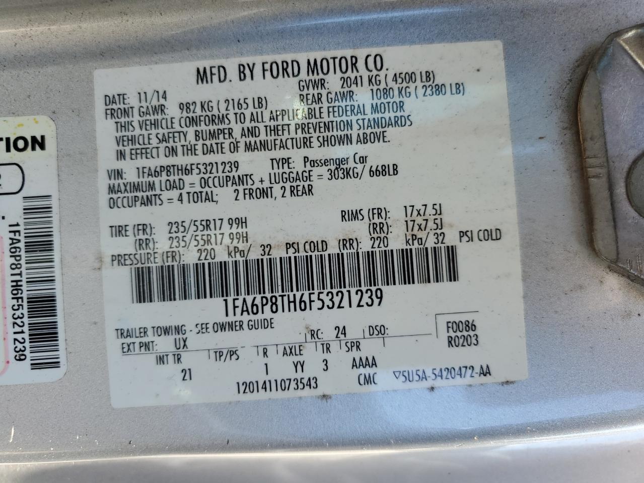 2015 Ford Mustang VIN: 1FA6P8TH6F5321239 Lot: 64040465