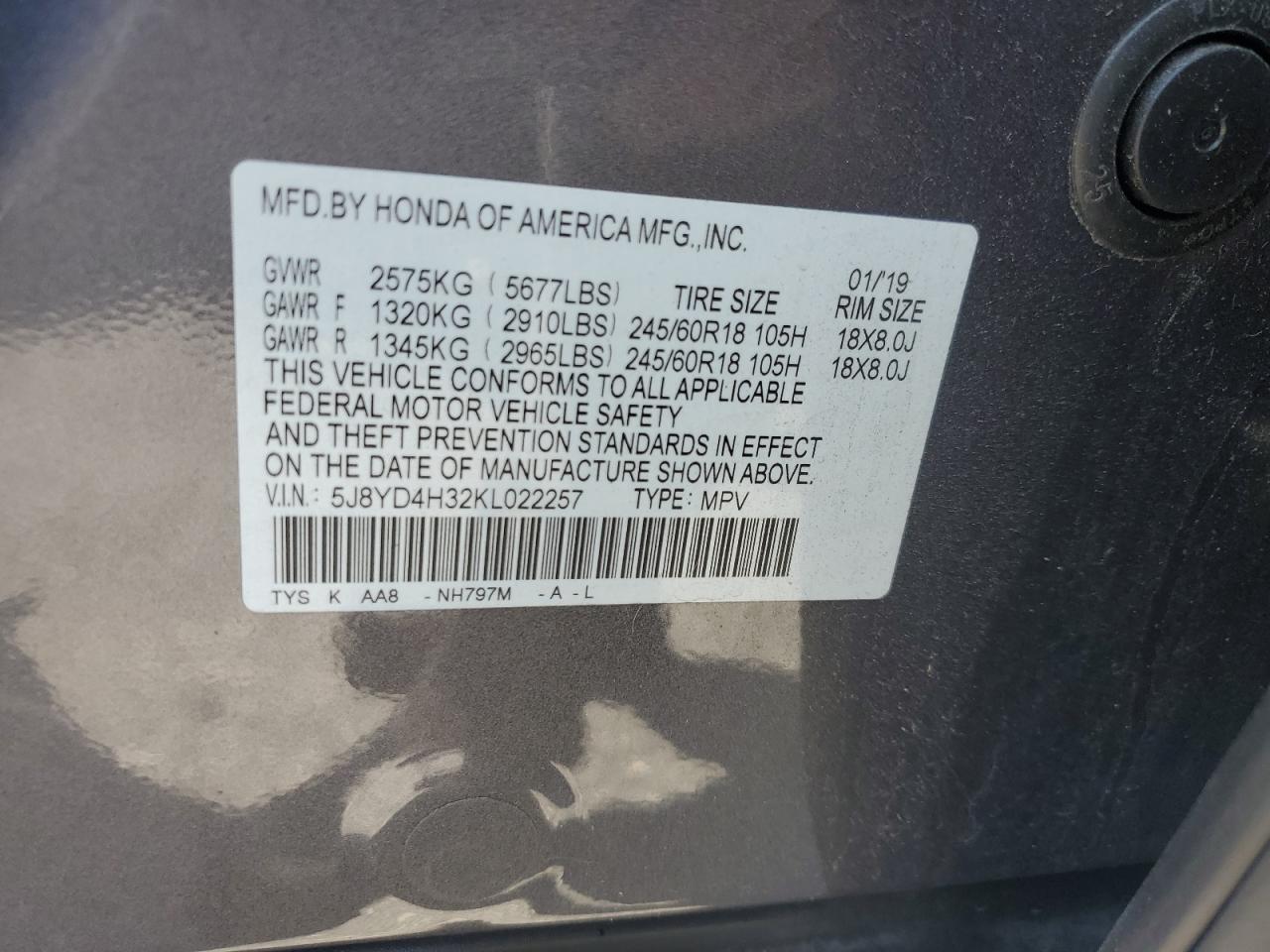 2019 Acura Mdx VIN: 5J8YD4H32KL022257 Lot: 66345685