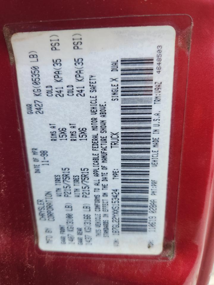 1999 Dodge Dakota VIN: 1B7GL22YXXS153424 Lot: 63814205