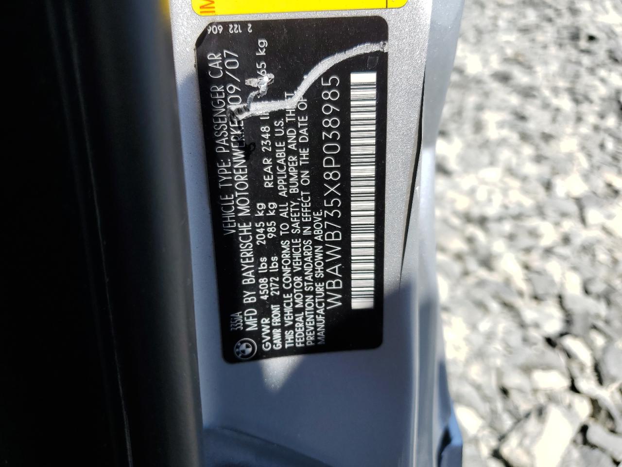 2008 BMW 335 I VIN: WBAWB735X8P038985 Lot: 64444075