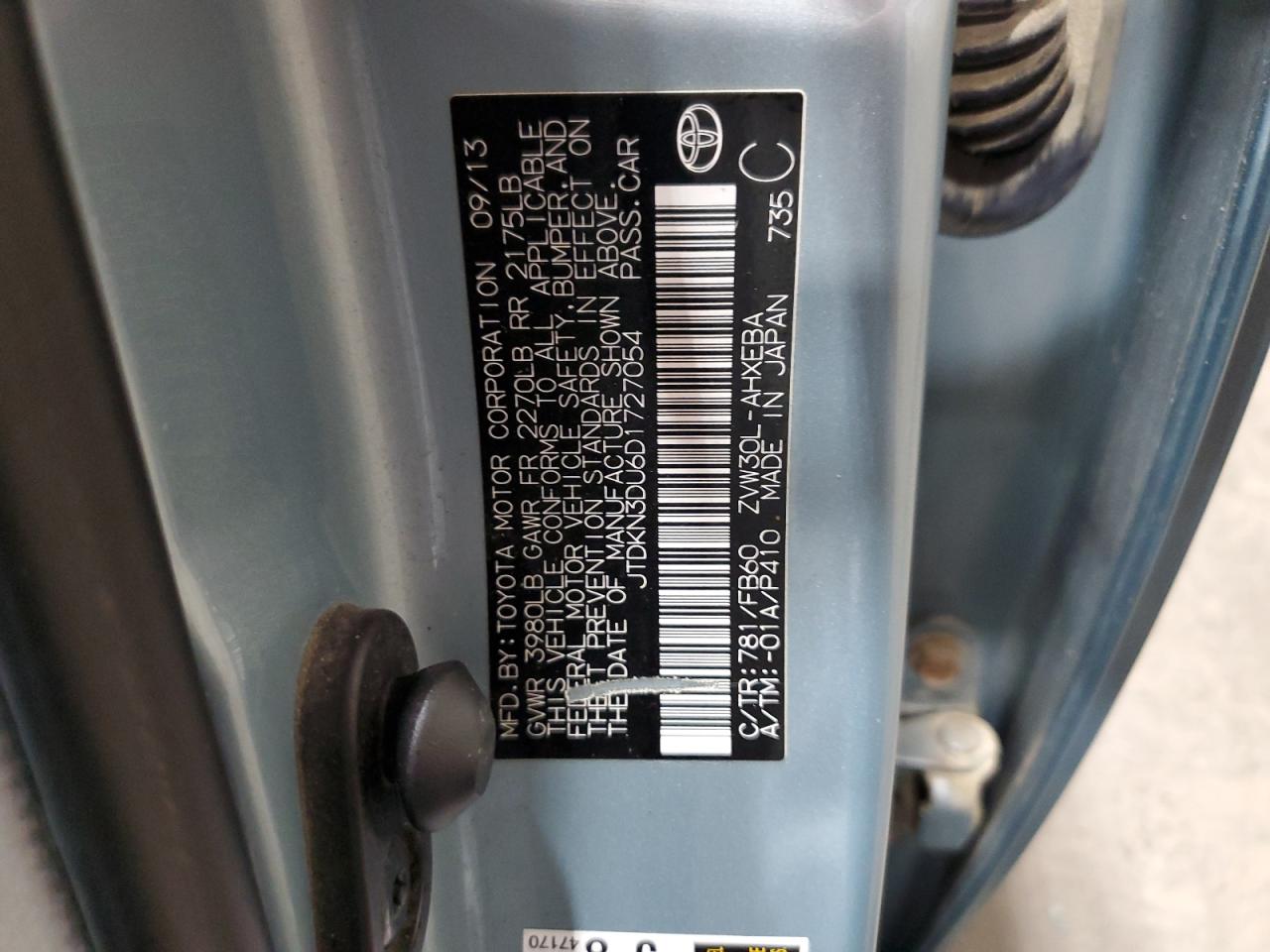 2013 Toyota Prius VIN: JTDKN3DU6D1727054 Lot: 63431845
