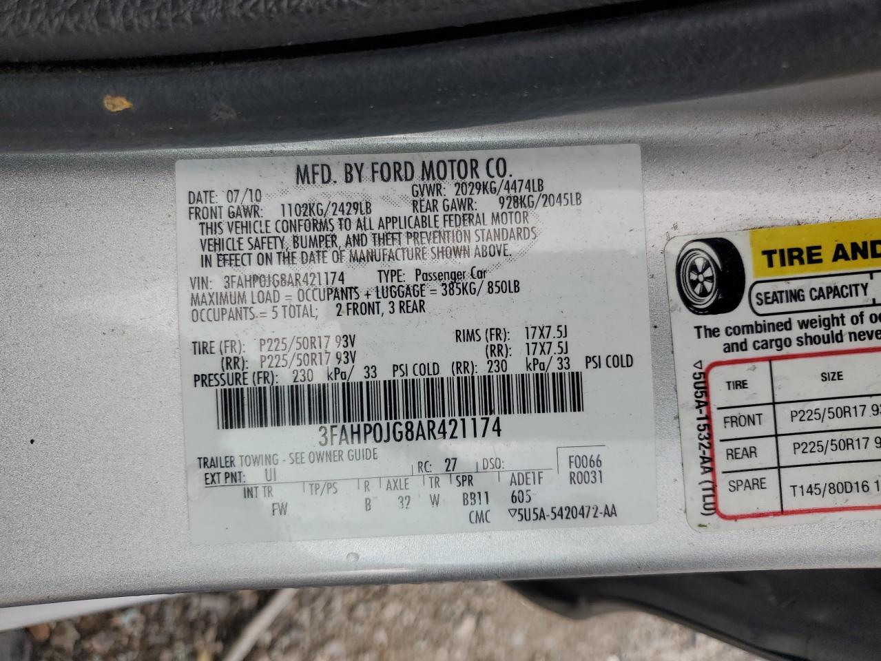 2010 Ford Fusion Sel VIN: 3FAHP0JG8AR421174 Lot: 64725105