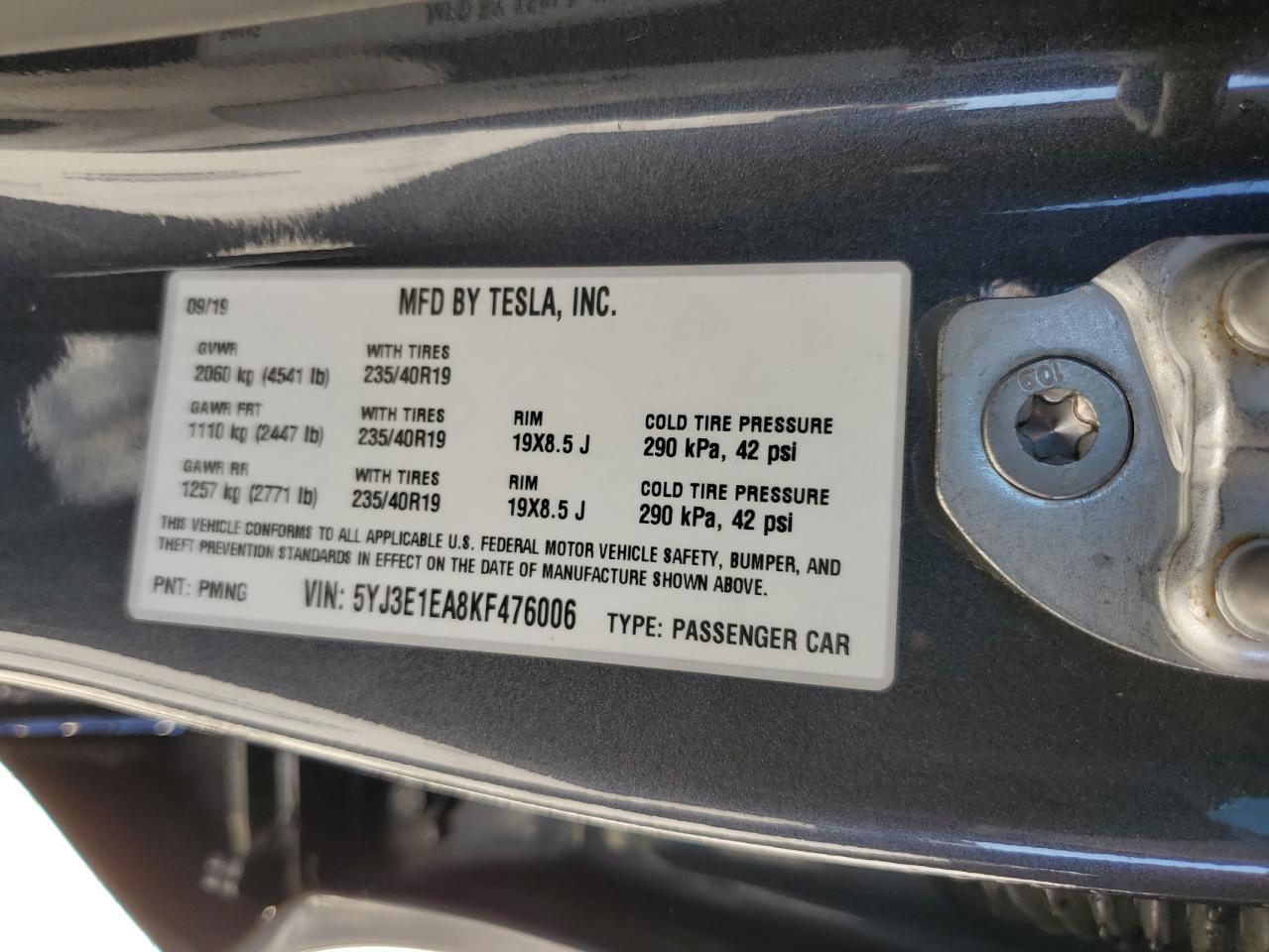 2019 Tesla Model 3 VIN: 5YJ3E1EA8KF476006 Lot: 63709005