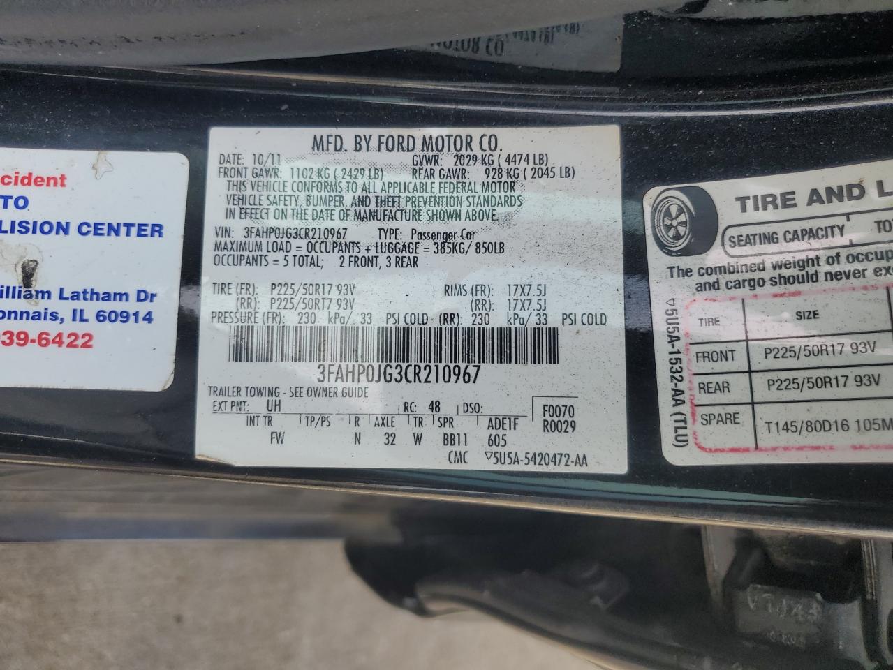 2012 Ford Fusion Sel VIN: 3FAHP0JG3CR210967 Lot: 65110385