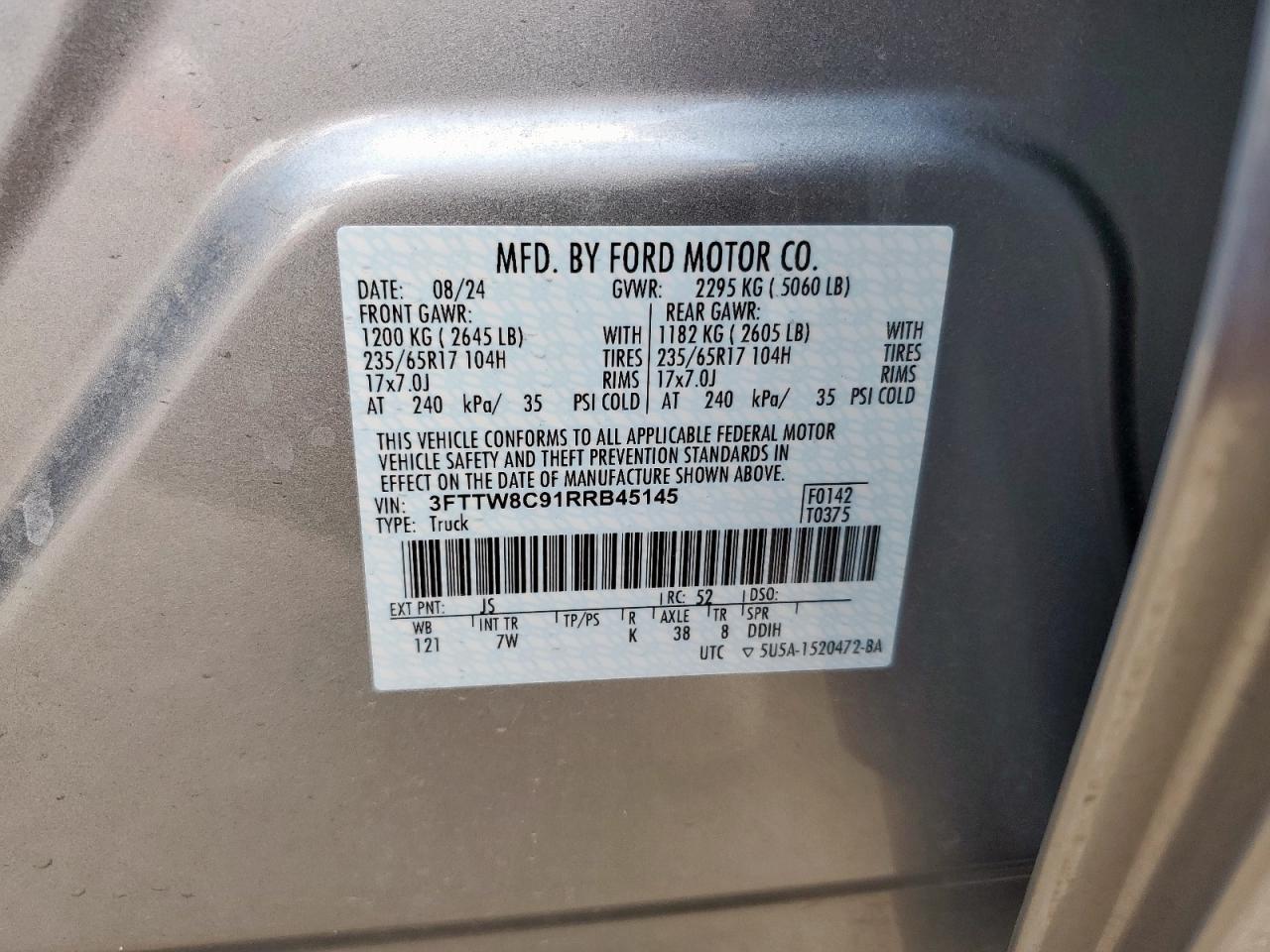2024 Ford Maverick Xlt Tremor VIN: 3FTTW8C91RRB45145 Lot: 64469035
