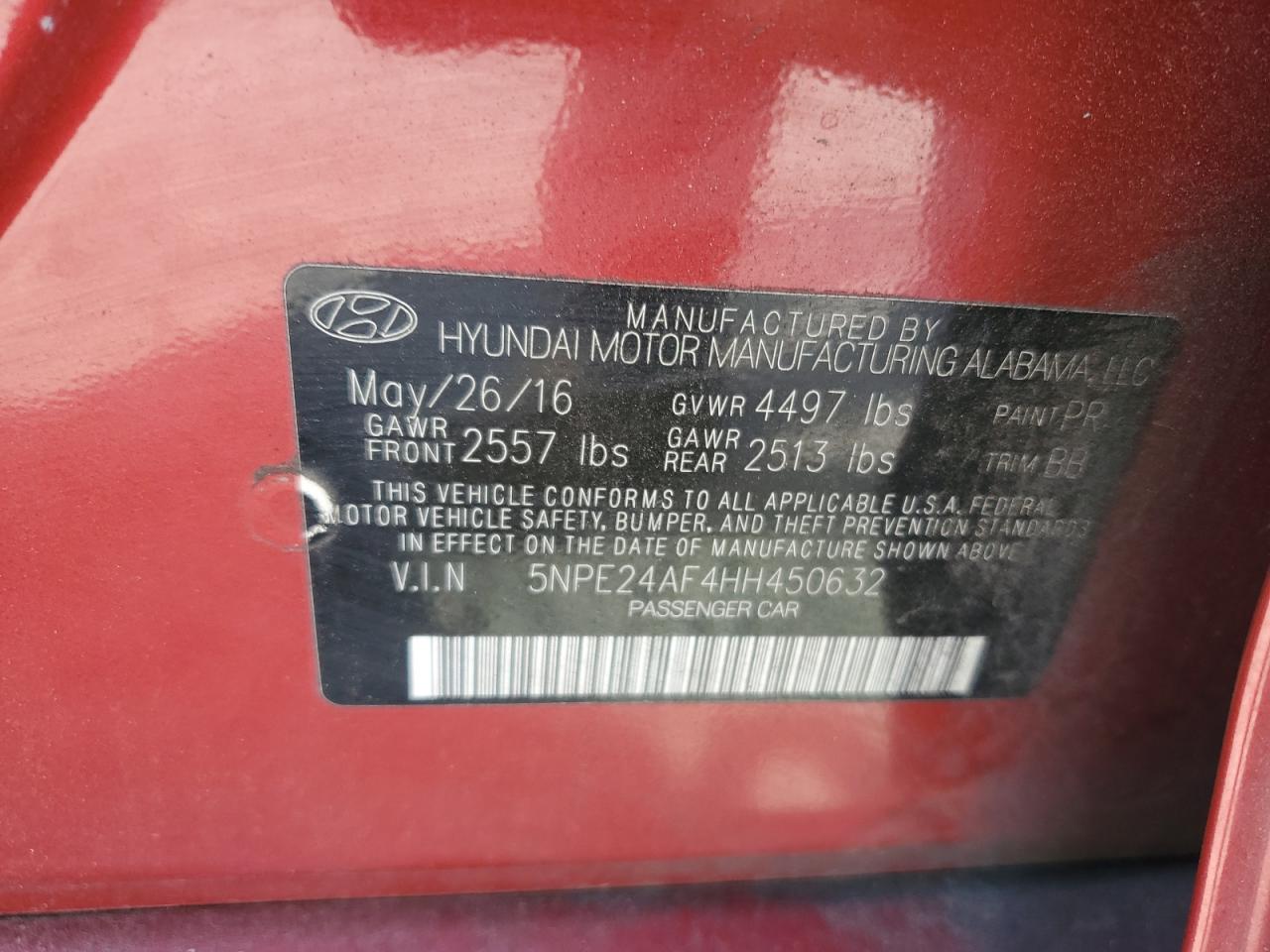 2017 Hyundai Sonata Se VIN: 5NPE24AF4HH450632 Lot: 65211865