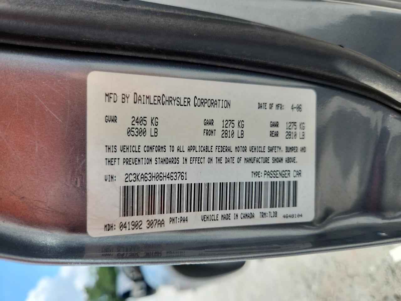 2006 Chrysler 300C VIN: 2C3KA63H06H463761 Lot: 65388065