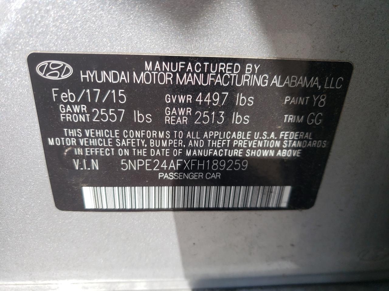 2015 Hyundai Sonata Se VIN: 5NPE24AFXFH189259 Lot: 65679515