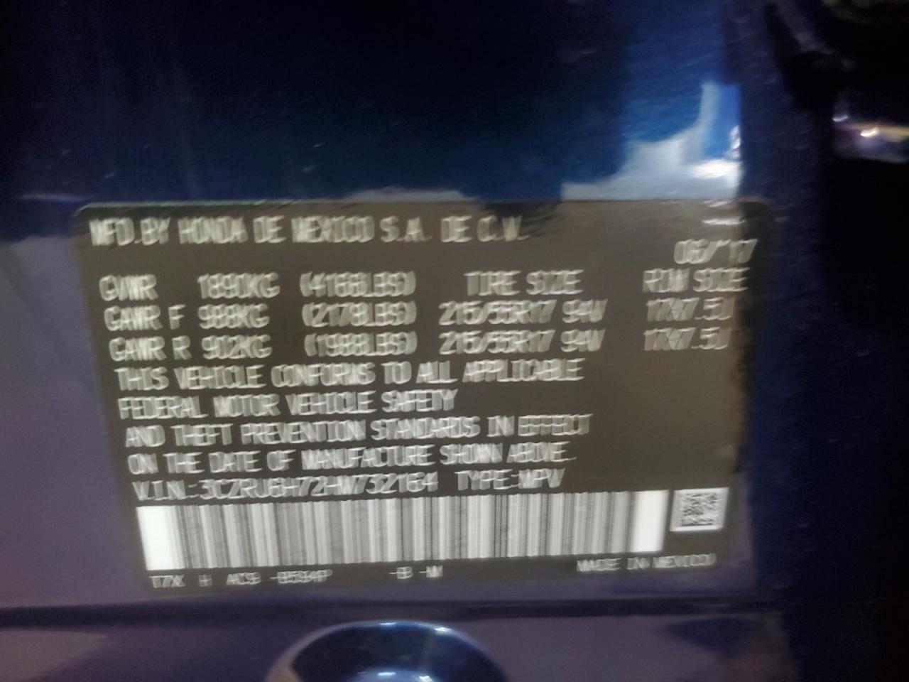 2017 Honda Hr-V Exl VIN: 3CZRU6H72HM732164 Lot: 63221735