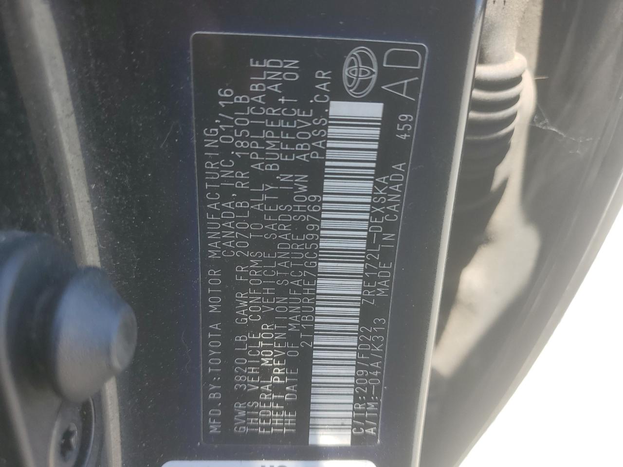 2016 Toyota Corolla L VIN: 2T1BURHE7GC599769 Lot: 62731495
