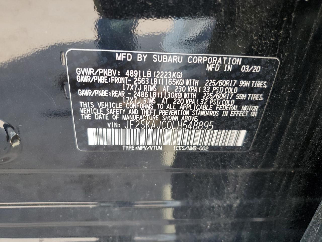 2020 Subaru Forester Premium VIN: JF2SKAJC0LH548895 Lot: 63188285