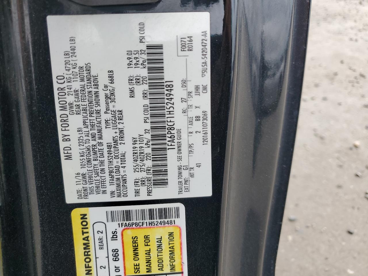 2017 Ford Mustang Gt VIN: 1FA6P8CF1H5249481 Lot: 65216485