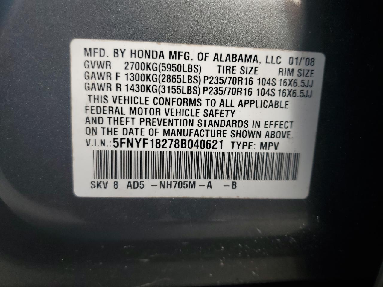 2008 Honda Pilot Vp VIN: 5FNYF18278B040621 Lot: 64836655