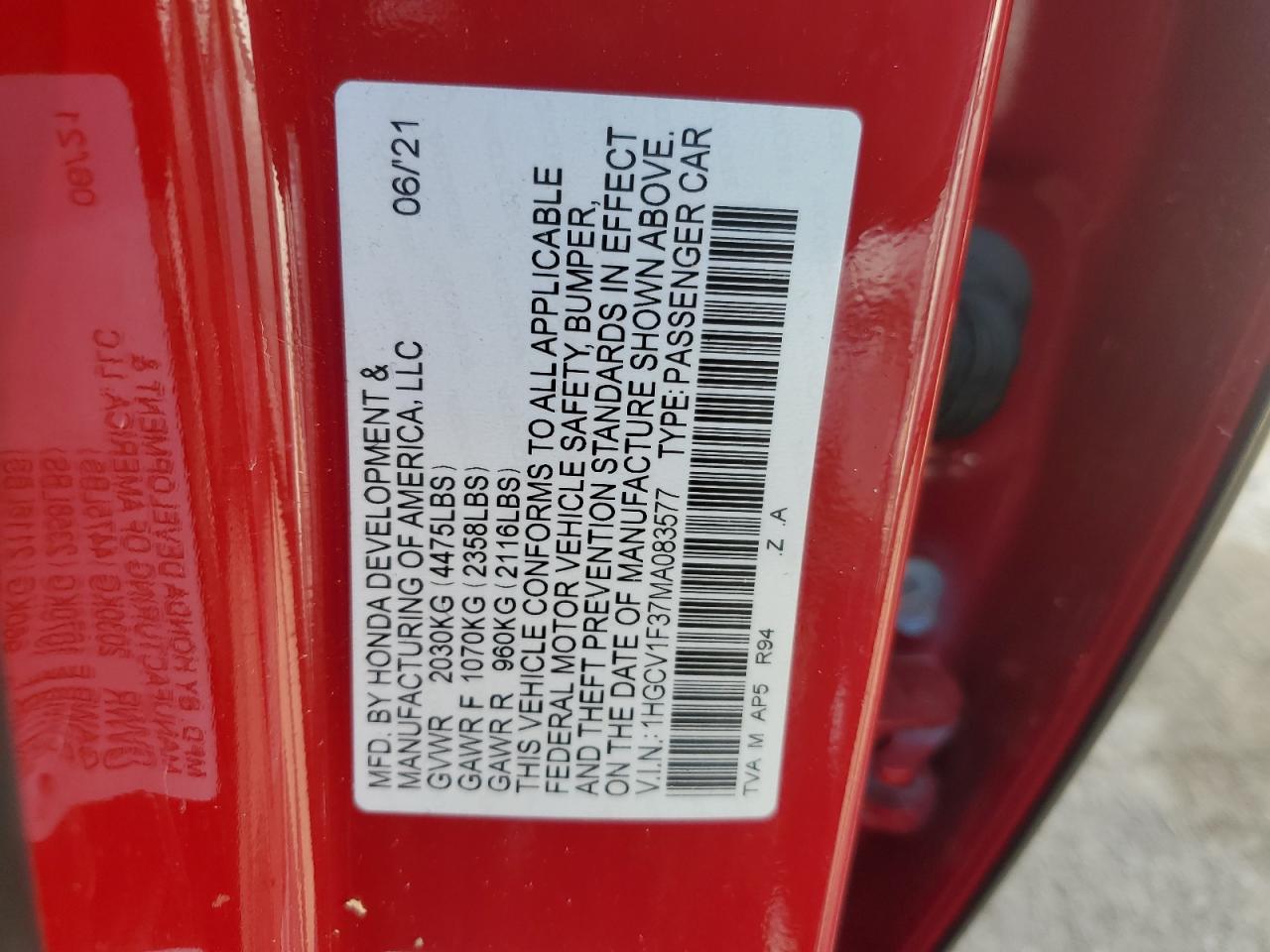 2021 Honda Accord Sport VIN: 1HGCV1F37MA083577 Lot: 62982205