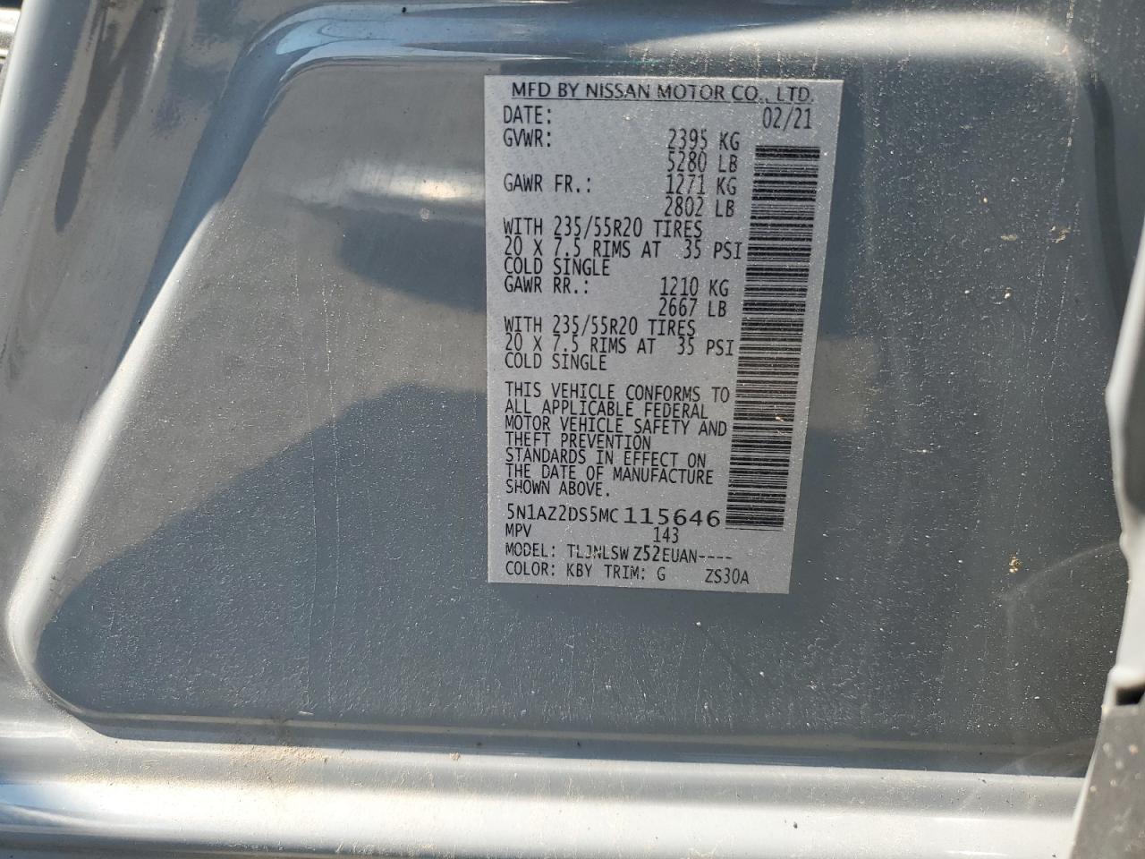 2021 Nissan Murano Platinum VIN: 5N1AZ2DS5MC115646 Lot: 63420025