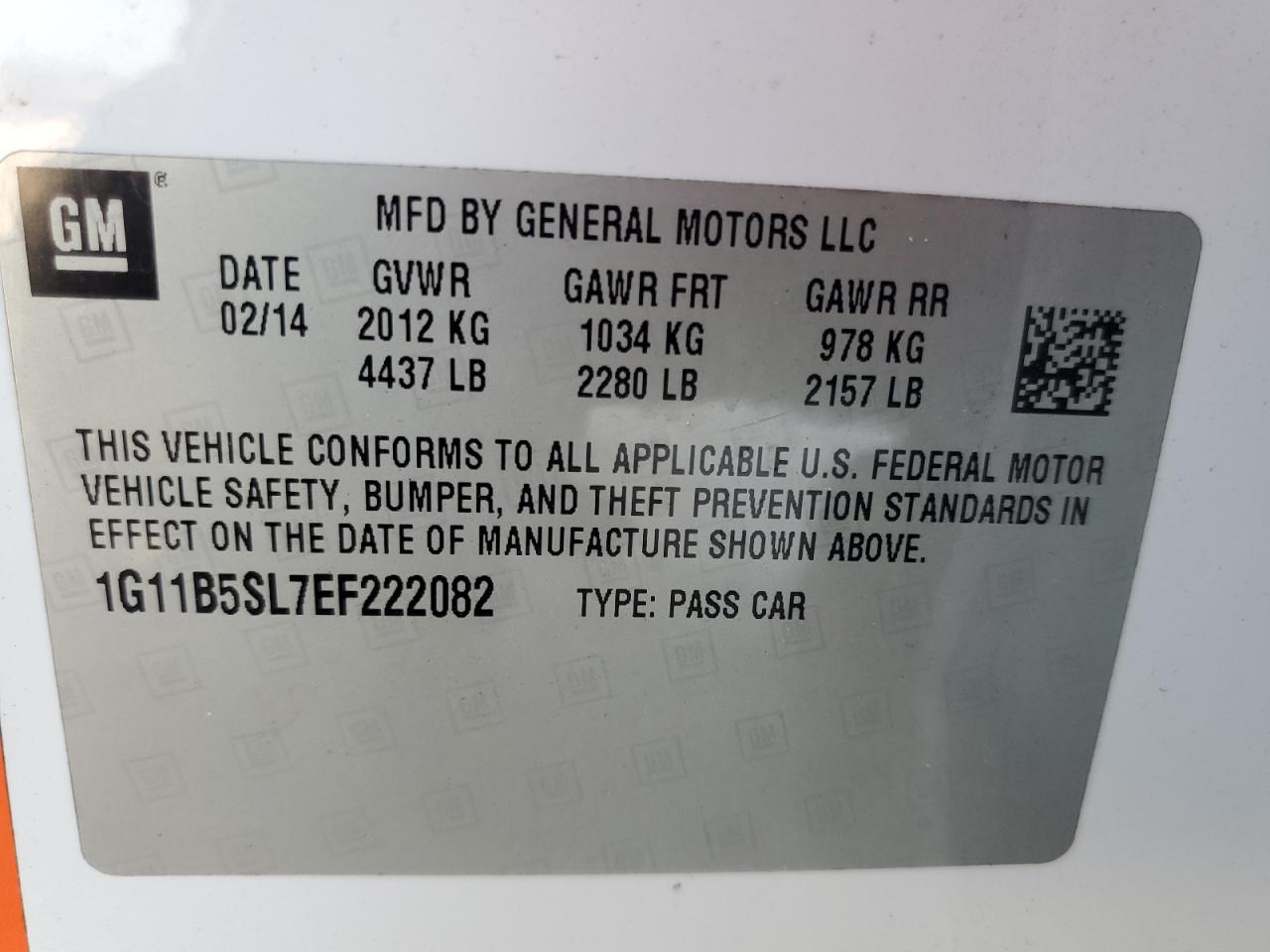 2014 Chevrolet Malibu Ls VIN: 1G11B5SL7EF222082 Lot: 66296225