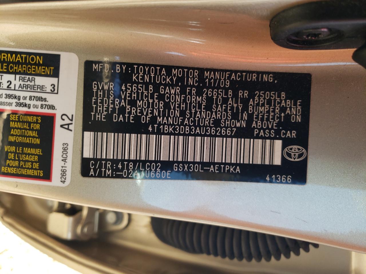 2010 Toyota Avalon Xl VIN: 4T1BK3DB3AU362667 Lot: 65054625