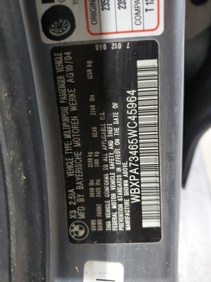 2005 BMW X3 2.5I VIN: WBXPA73465WC45964 Lot: 62718925