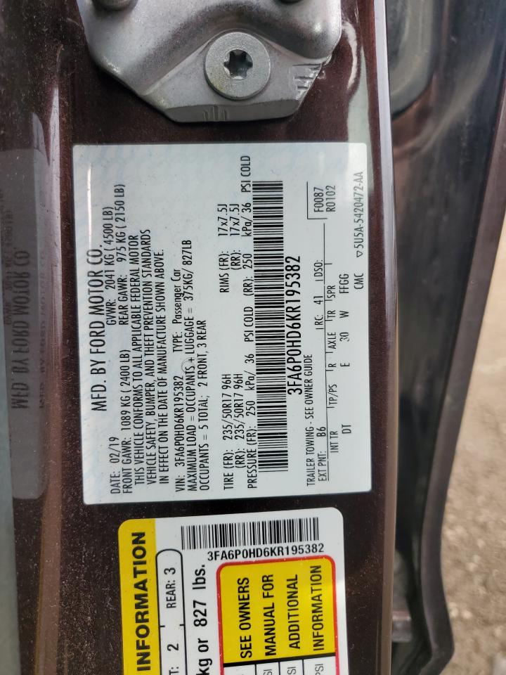 2019 Ford Fusion Se VIN: 3FA6P0HD6KR195382 Lot: 64417545