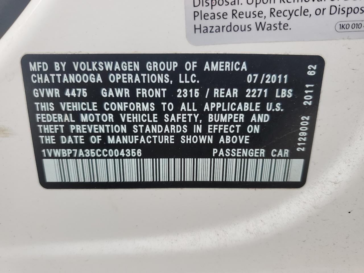 2012 Volkswagen Passat Se VIN: 1VWBP7A35CC004356 Lot: 63088835
