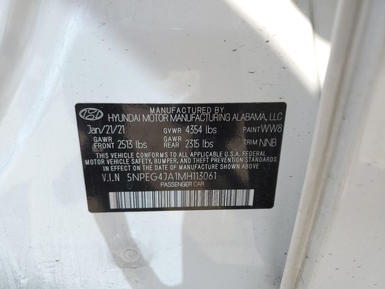 2021 Hyundai Sonata Se VIN: 5NPEG4JA1MH113061 Lot: 63839775