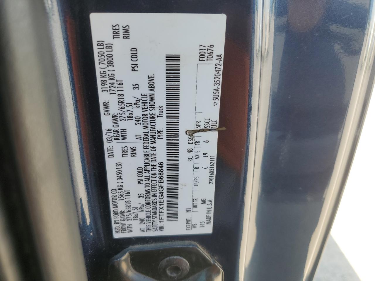 2016 Ford F150 Super Cab VIN: 1FTFX1EG4GFB68846 Lot: 63302955
