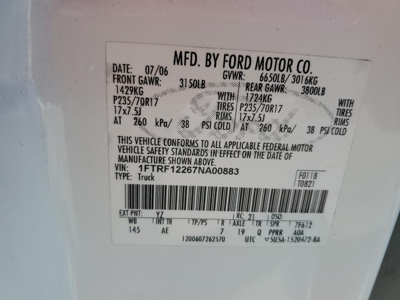 2007 Ford F150 VIN: 1FTRF12267NA00883 Lot: 64391805