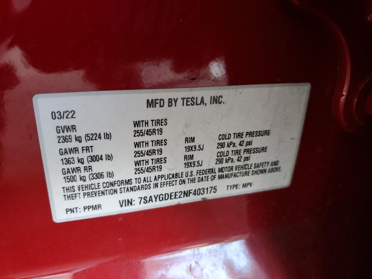 2022 Tesla Model Y VIN: 7SAYGDEE2NF403175 Lot: 63268515