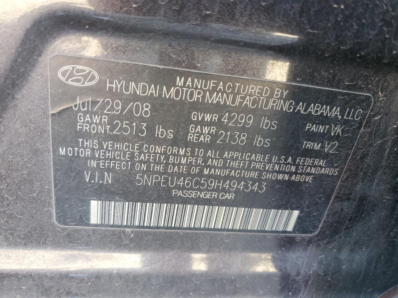 2009 Hyundai Sonata Se VIN: 5NPEU46C59H494343 Lot: 65282555