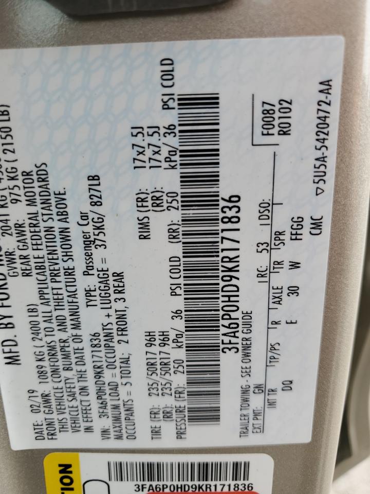 2019 Ford Fusion Se VIN: 3FA6P0HD9KR171836 Lot: 65394565