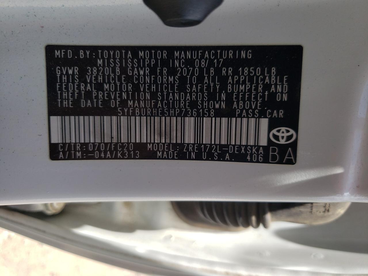 2017 Toyota Corolla L VIN: 5YFBURHE5HP736158 Lot: 64772765