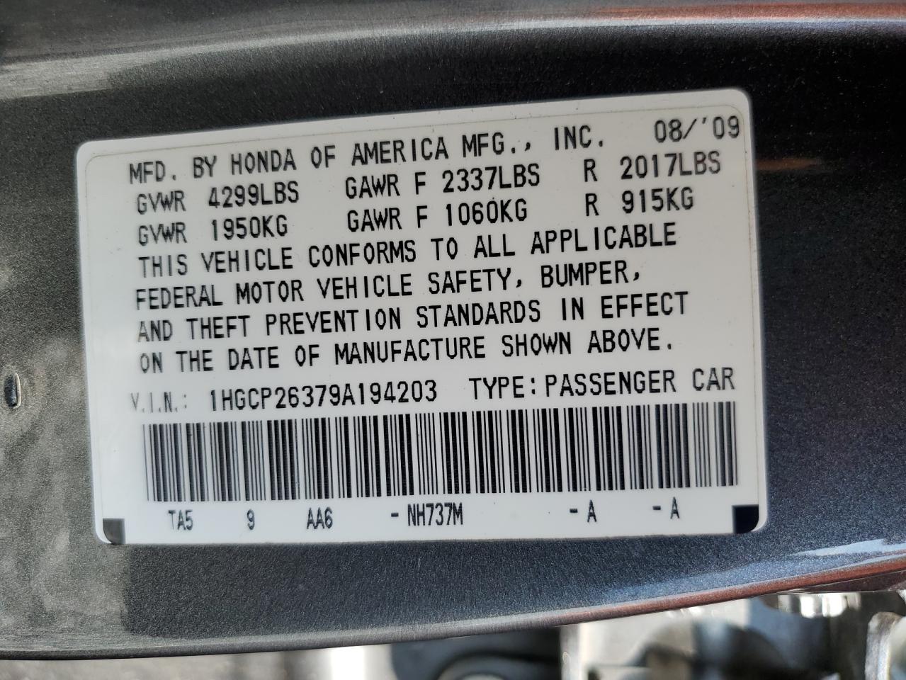 2009 Honda Accord Lx VIN: 1HGCP26379A194203 Lot: 64594245