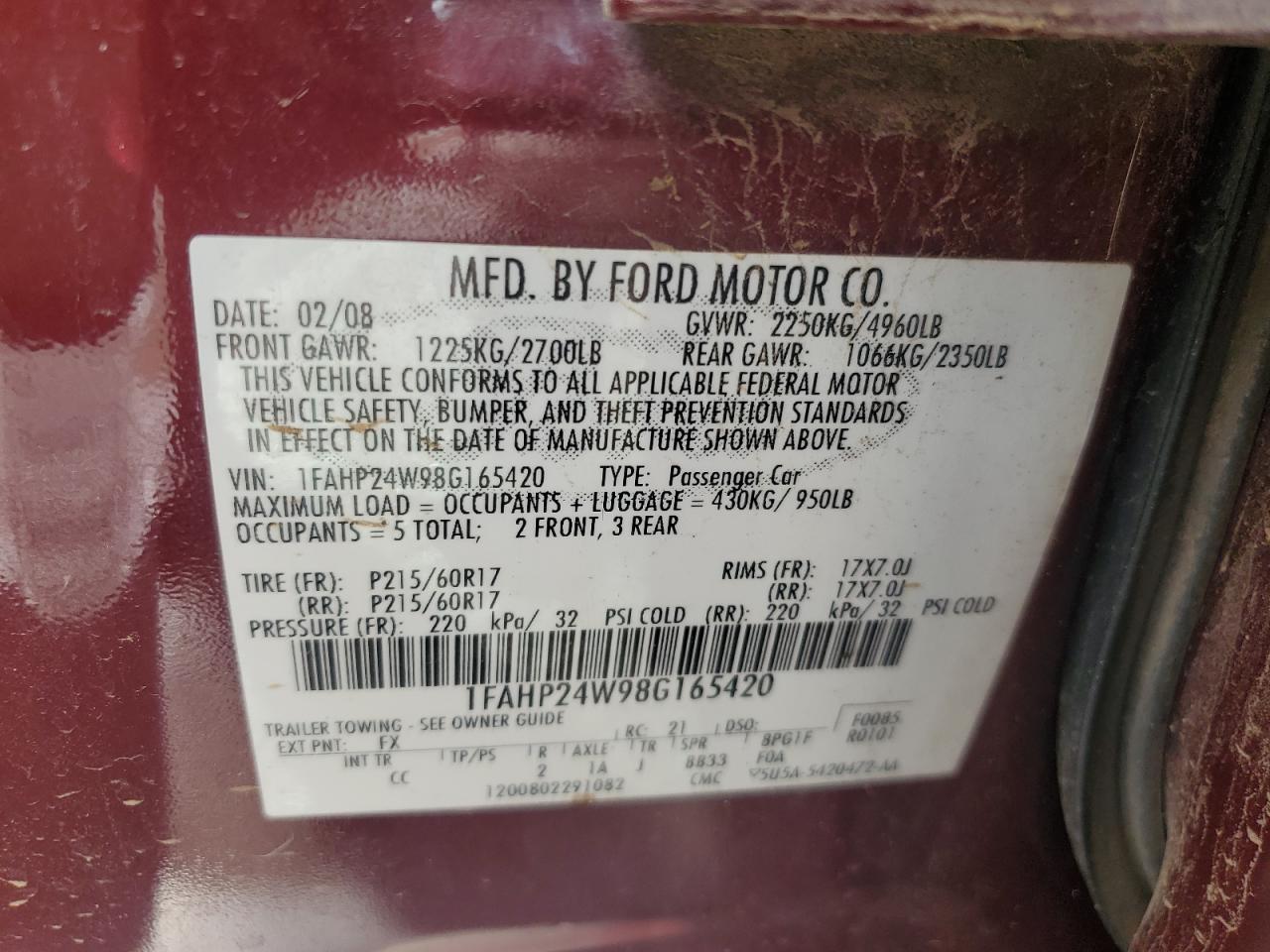 2008 Ford Taurus Sel VIN: 1FAHP24W98G165420 Lot: 64235435