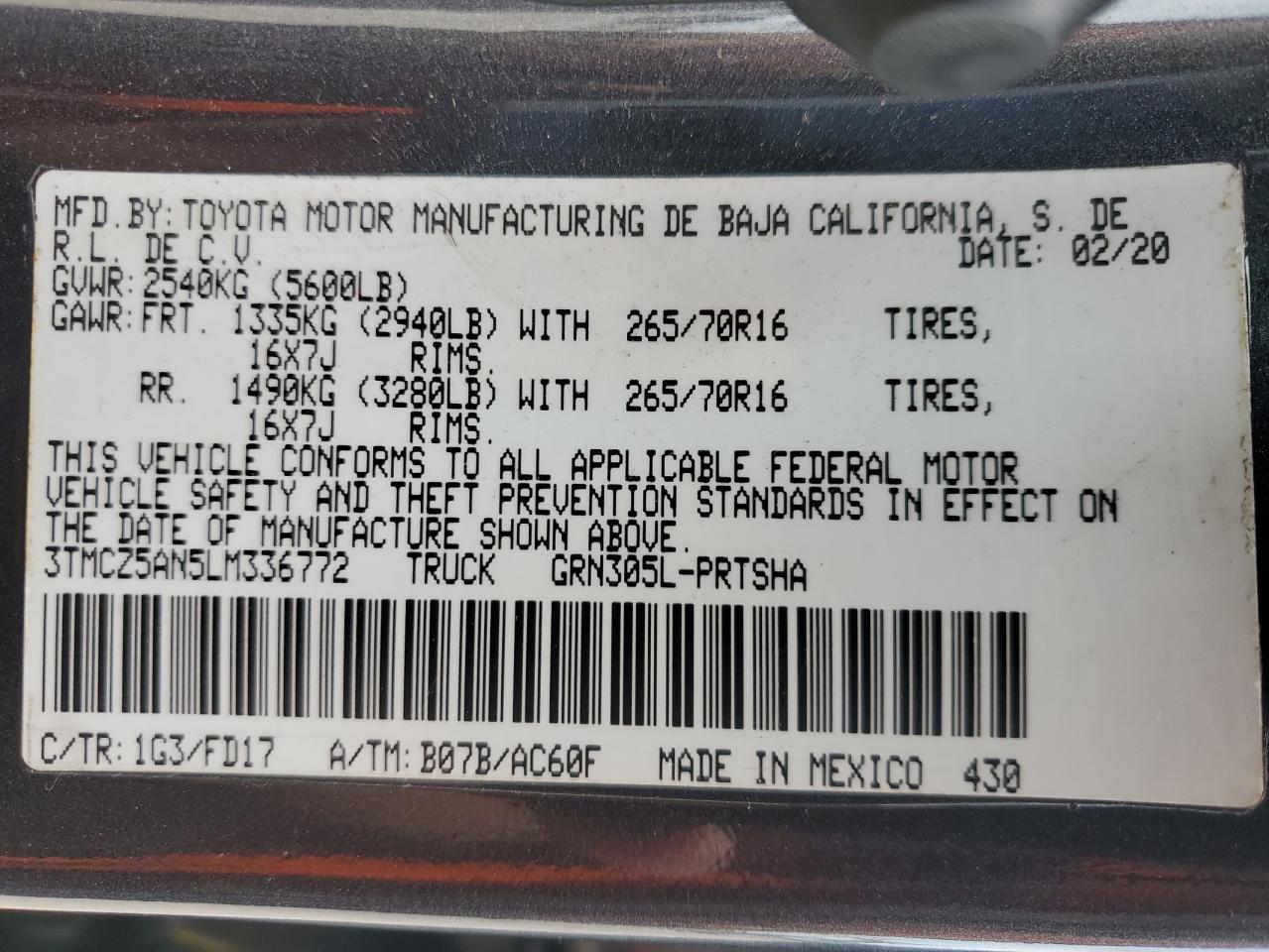 2020 Toyota Tacoma Double Cab VIN: 3TMCZ5AN5LM336772 Lot: 63841225