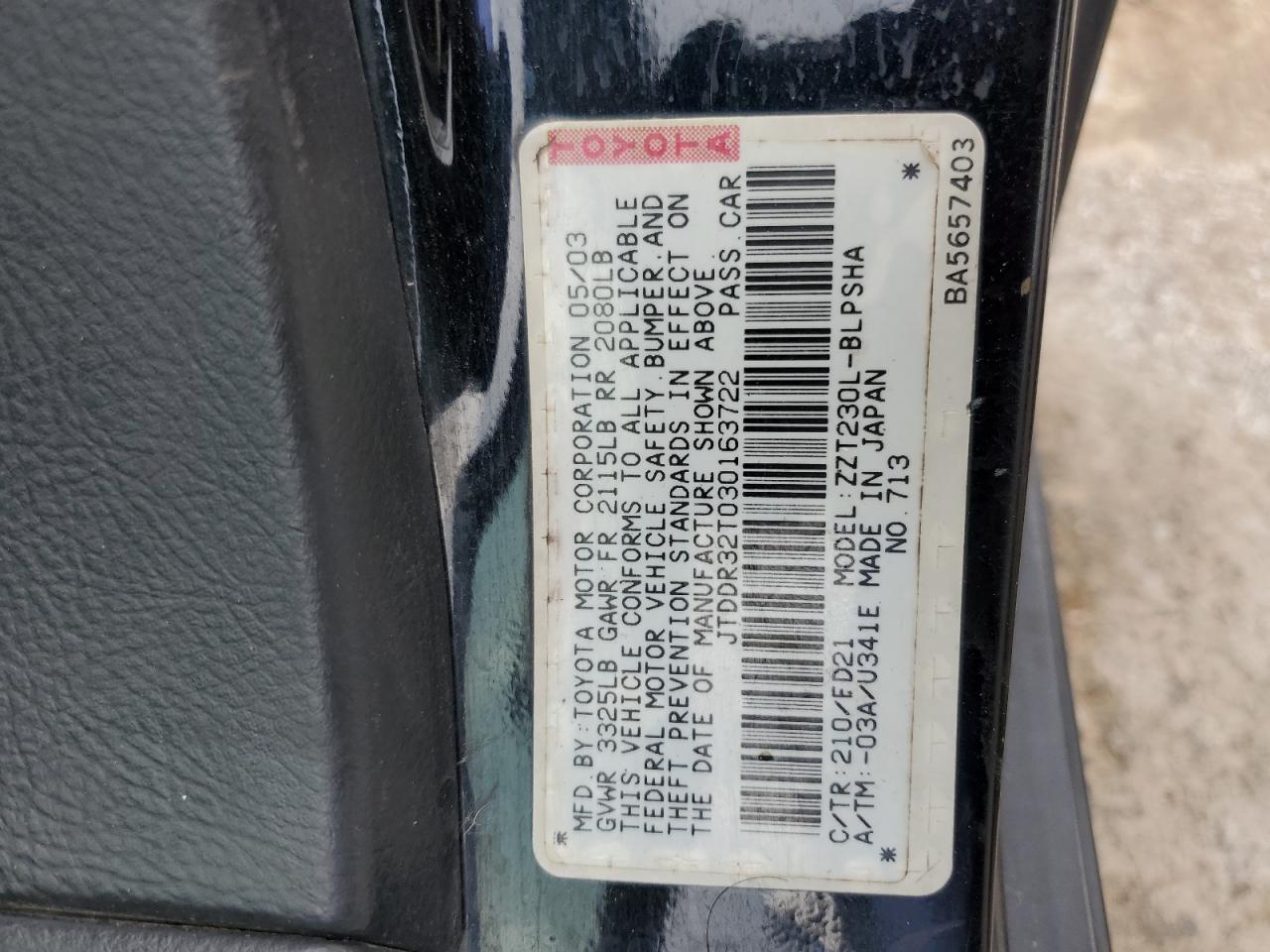 2003 Toyota Celica Gt VIN: JTDDR32T030163722 Lot: 66070915