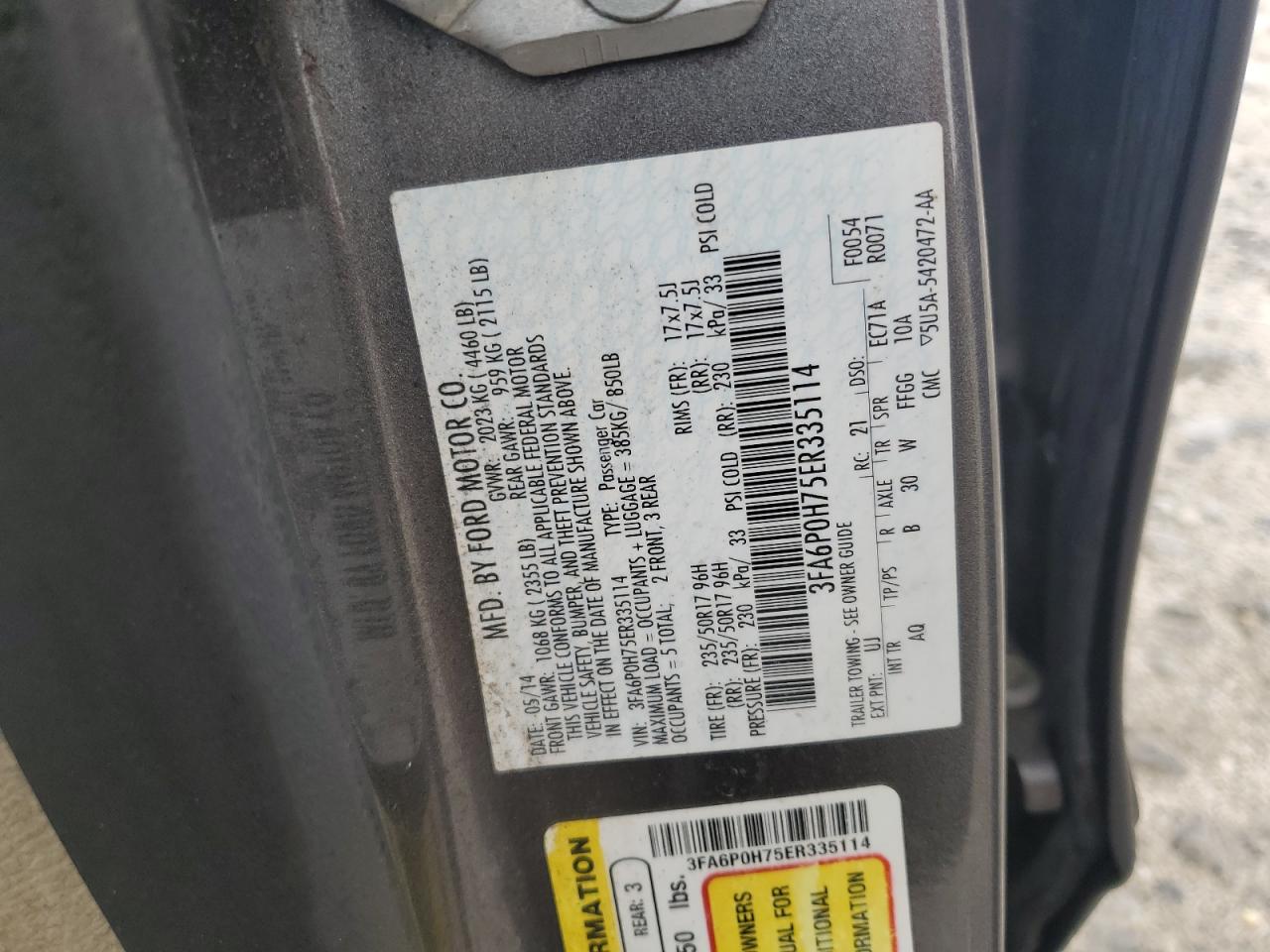 2014 Ford Fusion Se VIN: 3FA6P0H75ER335114 Lot: 65061205