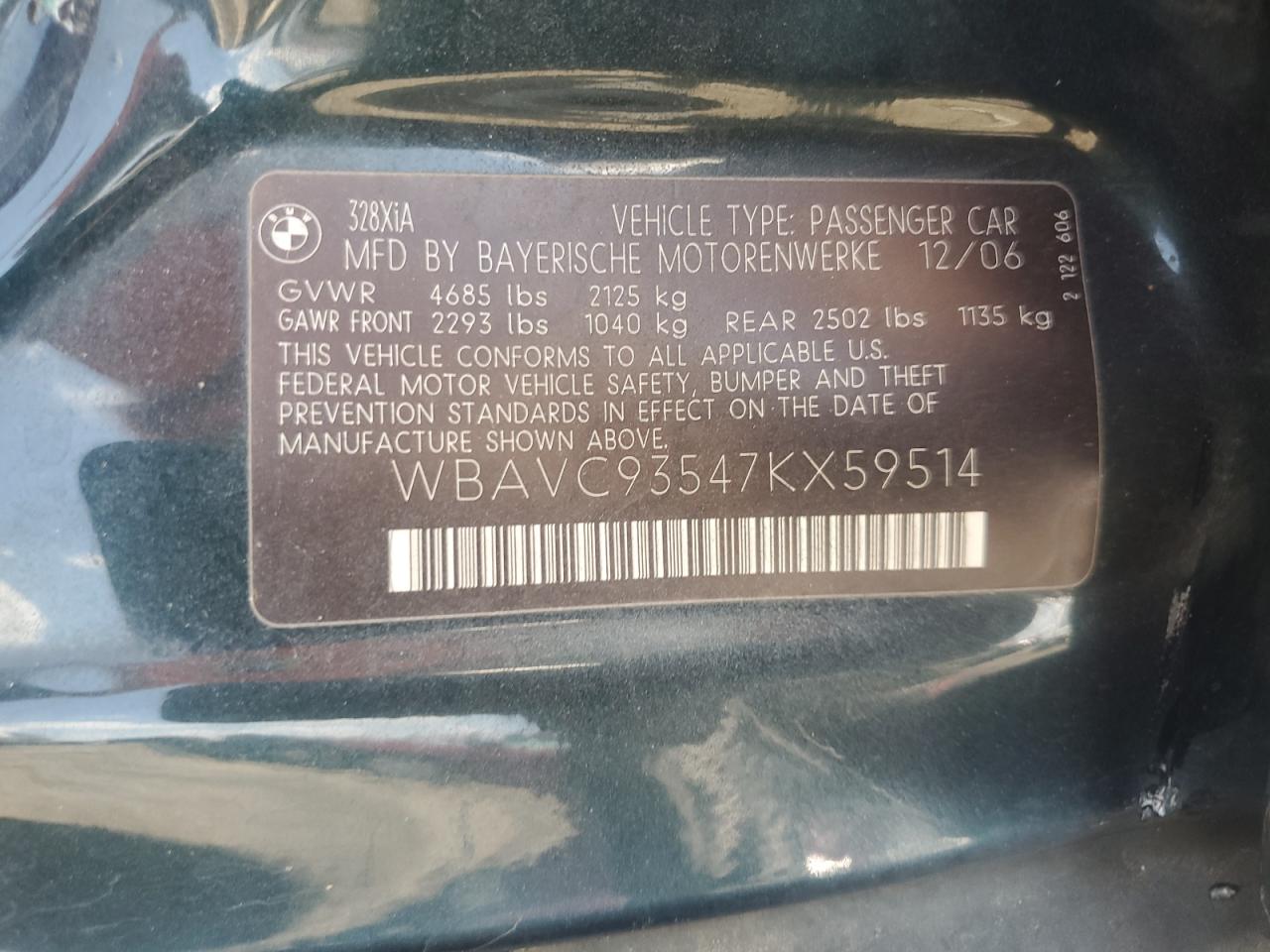 wbavc93547kx59514 WBAVC93547KX59514 2007 BMW 328 Xi